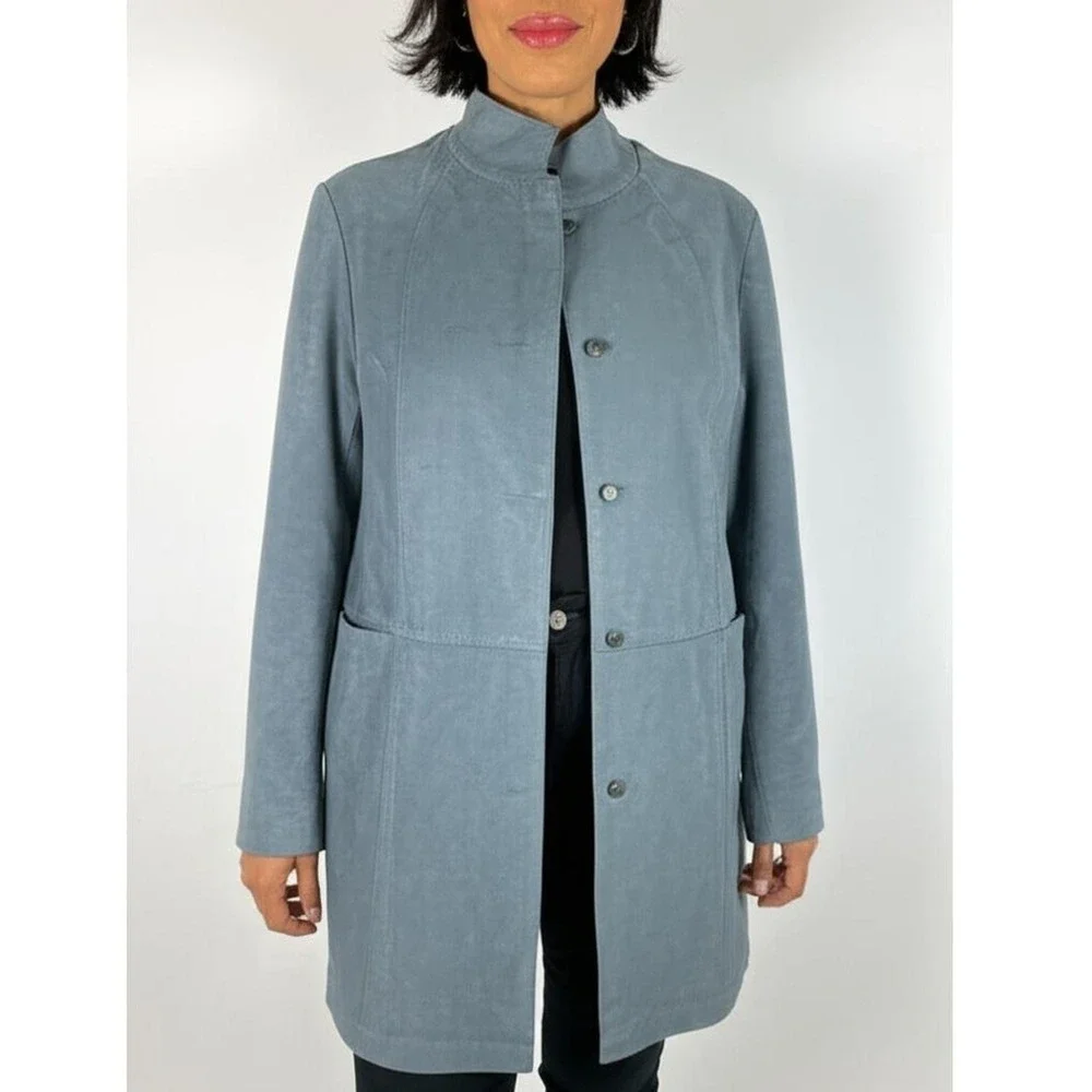 BERNARDO Jacket Womens 1X Slate Blue Genuine Leather Button Closure
